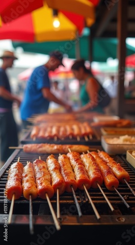 Many hot dogs on a grill with a lot of sauce