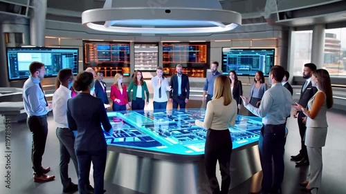A diverse team collaborates around an interactive holographic city model, surrounded by glowing data visualizations in a futuristic command center.