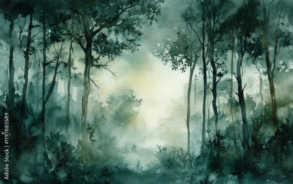 Obraz premium Misty forest landscape created using watercolor techniques