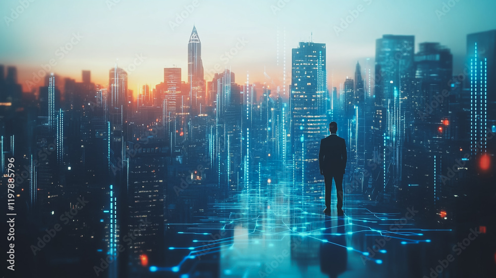 Abstract business man stands on the peak of success amid tall, innovative Smart city and graphs with statistics to analyze business potential and predict future developments in company growth.