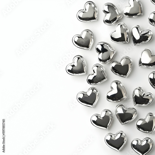 Valentine's Day silver heart trinkets scattered on pure white background