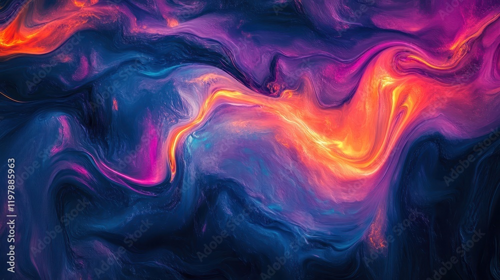 An abstract image featuring fluid, swirling waves with vibrant neon colors, including deep blues, purples and fiery oranges An abstract image featuring fluid, swirling waves with vibrant neon colors, including deep blues, purples and fiery oranges