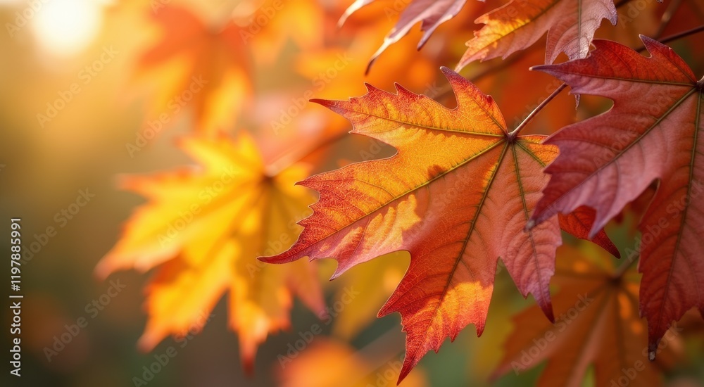 Leaves of a tree with orange and yellow leaves in the background Leaves of a tree with orange and yellow leaves in the background