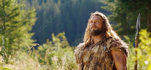 Hunter in forest, spear at ready, ancient times