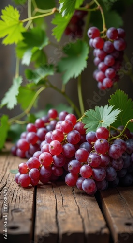 A bunch of grapes that are on a wooden table