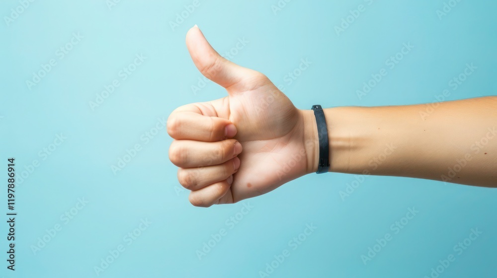 Close-up of a hand making a thumbs-up gesture against a teal background. Close-up of a hand making a thumbs-up gesture against a teal background.