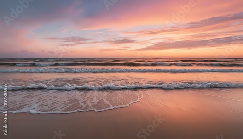 Serene Sunset Beach: Gentle Waves and Peachy Sky