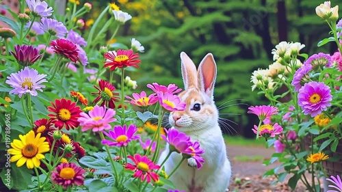 Cheerful Easter bunny with sparkling glitter texture, set in vibrant spring nature, surrounded by blooming flowers and colorful, festive energy.