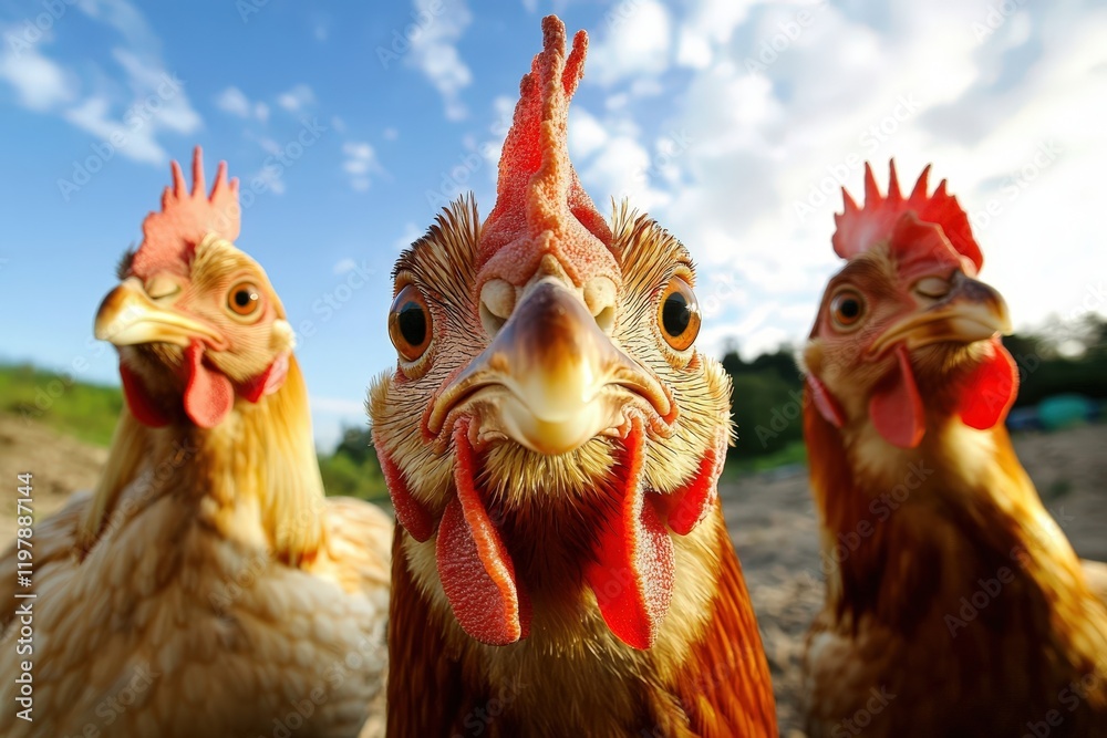 Fototapeta premium Chickens watchfully anticipating lunchtime.