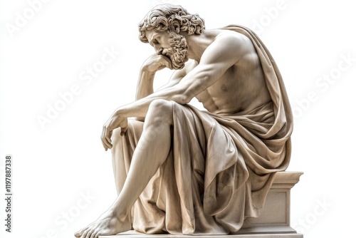 A solitary statue representing a philosopher against a pristine white backdrop.