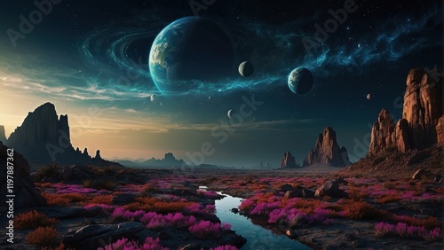 Enchanting landscape of alien planet and space surface