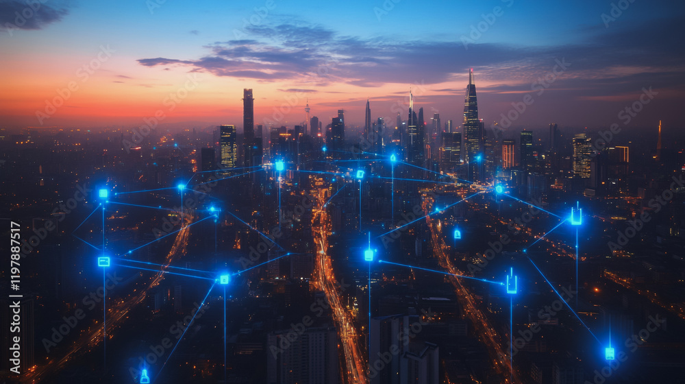 Obraz premium Abstract business man stands on the peak of success amid tall, innovative Smart city and graphs with statistics to analyze business potential and predict future developments in company growth.