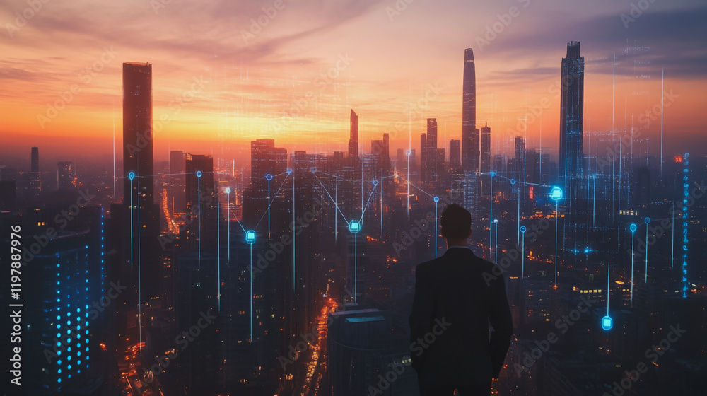 Abstract business man stands on the peak of success amid tall, innovative Smart city and graphs with statistics to analyze business potential and predict future developments in company growth. Abstract business man stands on the peak of success amid tall, innovative Smart city and graphs with statistics to analyze business potential and predict future developments in company growth.