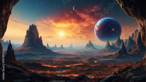 Enchanting landscape of alien planet and space surface