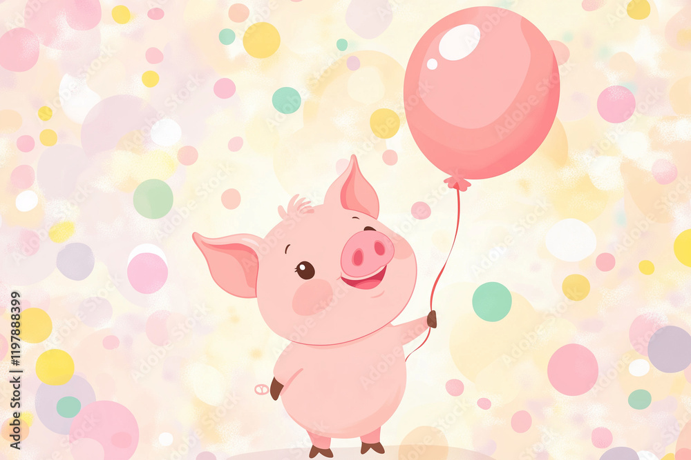 Cute piglet holding a pink balloon with pastel background Cute piglet holding a pink balloon with pastel background