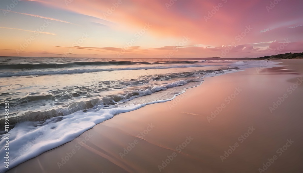 Obraz premium Serene Coastal Sunset: Pink Hues and Gentle Waves