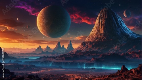Enchanting landscape of alien planet and space surface