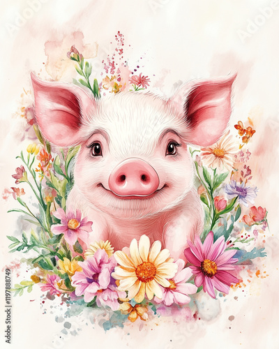 Smiling piglet surrounded by colorful flowers in watercolor