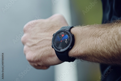  man is wearing a watch. The watch is black and has a heart on it photo