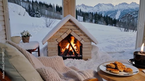 Cozy scene featuring hot chocolate, cookies, warm fireplace, and a serene winter setting, evoking comfort and relaxation.