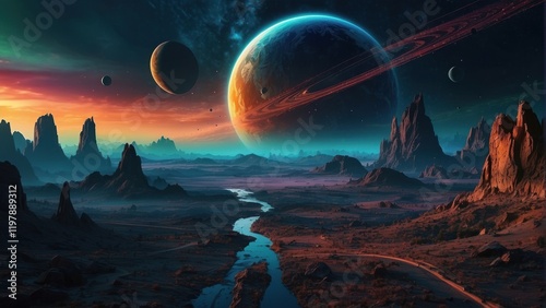 Enchanting landscape of alien planet and space surface