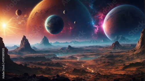 Enchanting landscape of alien planet and space surface