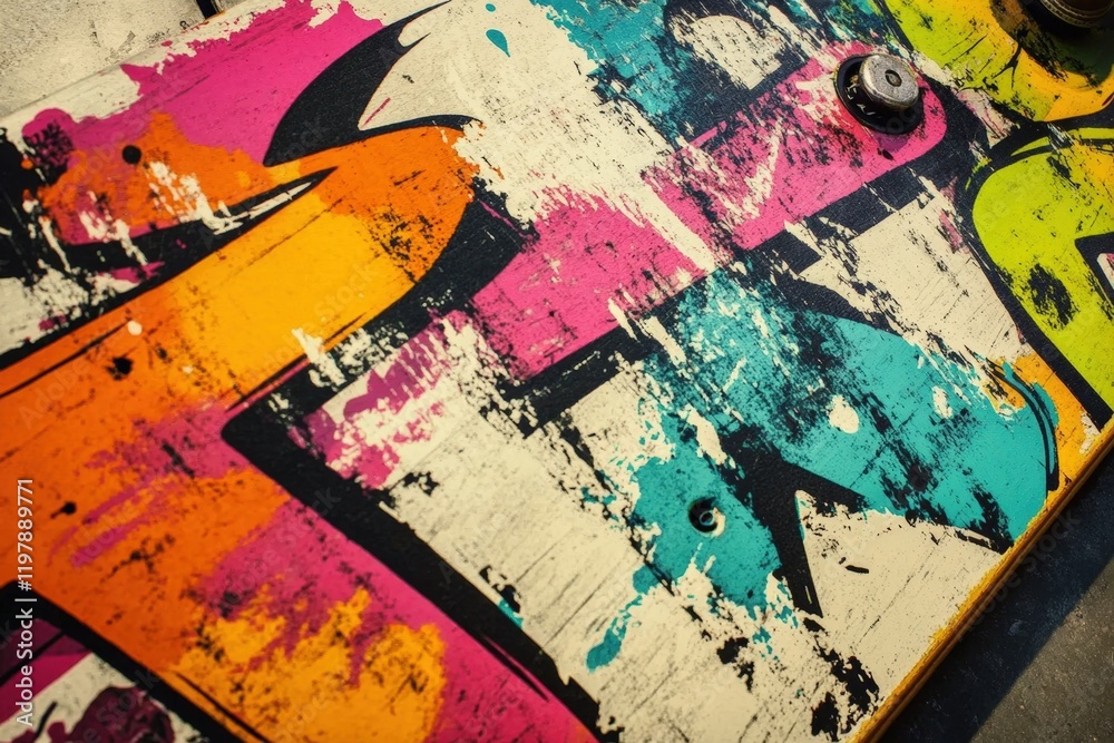 Fototapeta premium A colorful skateboard adorned with street art, ideal for fashion themes.