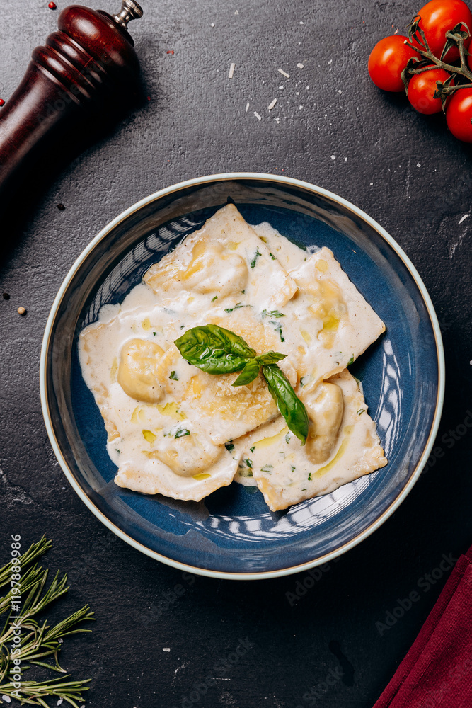 Creamy ravioli garnished with fresh basil leaves served on a blue plate, an Italian culinary delight Creamy ravioli garnished with fresh basil leaves served on a blue plate, an Italian culinary delight