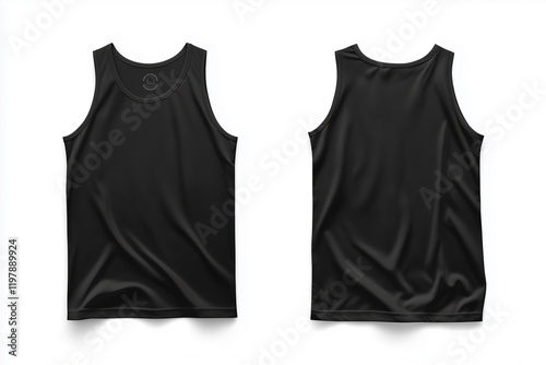 black tank top with a white background. The tank top is folded in half and the white background is visible