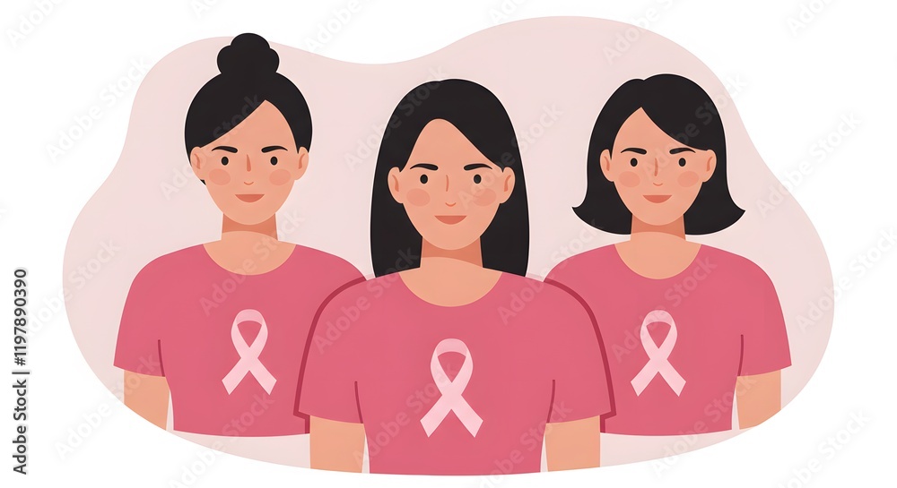 Fototapeta premium Minimalistic vector illustration featuring three women in pink shirts adorned with breast cancer awareness ribbons, symbolizing solidarity, awareness, and hope