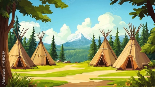 Wallpaper Mural Artistic representation of Indigenous village life with teepees. Torontodigital.ca