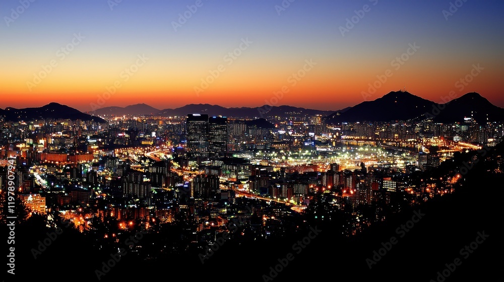 Fototapeta premium Cityscape twilight panorama, Asian city lights, mountains, travel