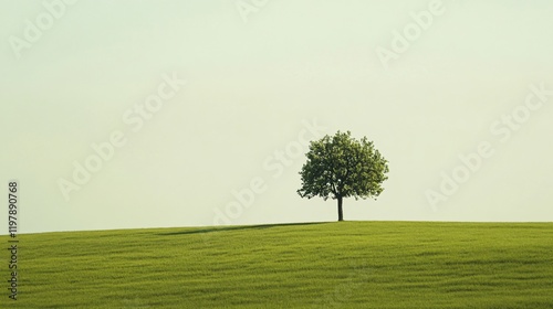 A single tree stands alone in a wide, vibrant green landscape, embodying simplicity and serenity, integrating nature within an open, calm setting. photo