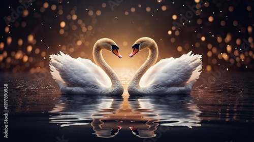 an enchanting Valentine's background with a pair of golden swans gracefully swimming on a reflective lake, forming a heart shape with copy space  photo