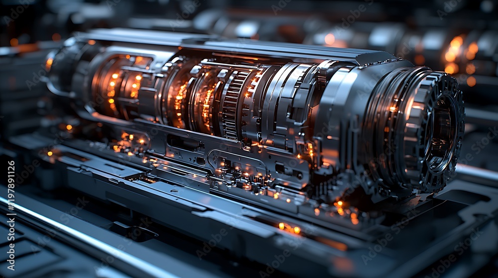 Intricate Metallic Engine Mechanism with Glowing Gears Intricate Metallic Engine Mechanism with Glowing Gears