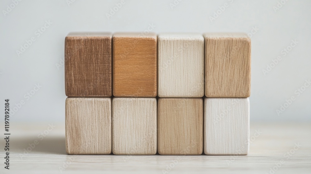 Stack of eight natural wood blocks in various shades of beige, brown, and white. Stack of eight natural wood blocks in various shades of beige, brown, and white.