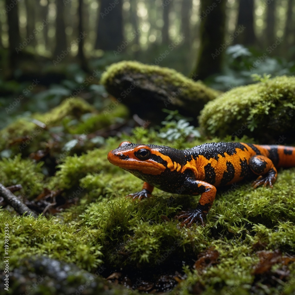 Obraz premium Amphibien - Schwarz-gelbes Amphibium im Herbstwald. Stillness in Nature: The Jollyville Plateau Salamander’s Oasis. An orange-black lizard sitting on a stone by the river 