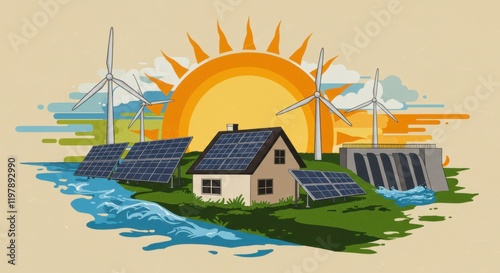 Sustainable Home Energy: A charming house nestled amidst a landscape of renewable energy sources – solar panels, wind turbines.