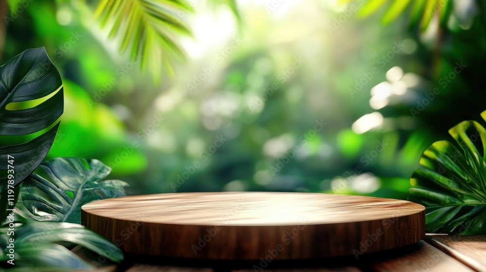 Wood podium table top surrounded by lush greenery.