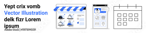 E-commerce website storefront, mobile user profile with information and settings, minimalistic calendar with dates. Ideal for online business, user experience, web design, planning, scheduling