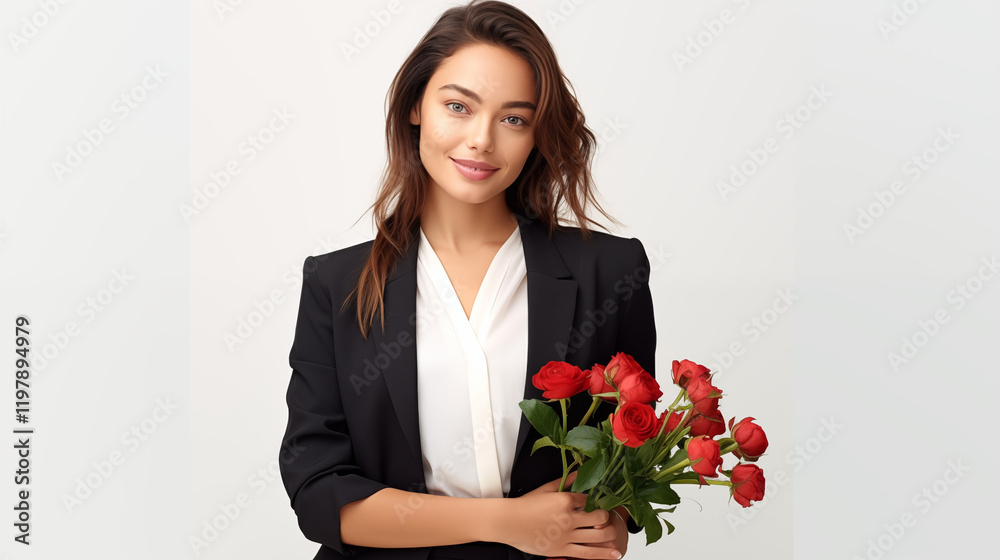 woman standing confidently on a clean white background and the person holding a bouquet of roses woman standing confidently on a clean white background and the person holding a bouquet of roses