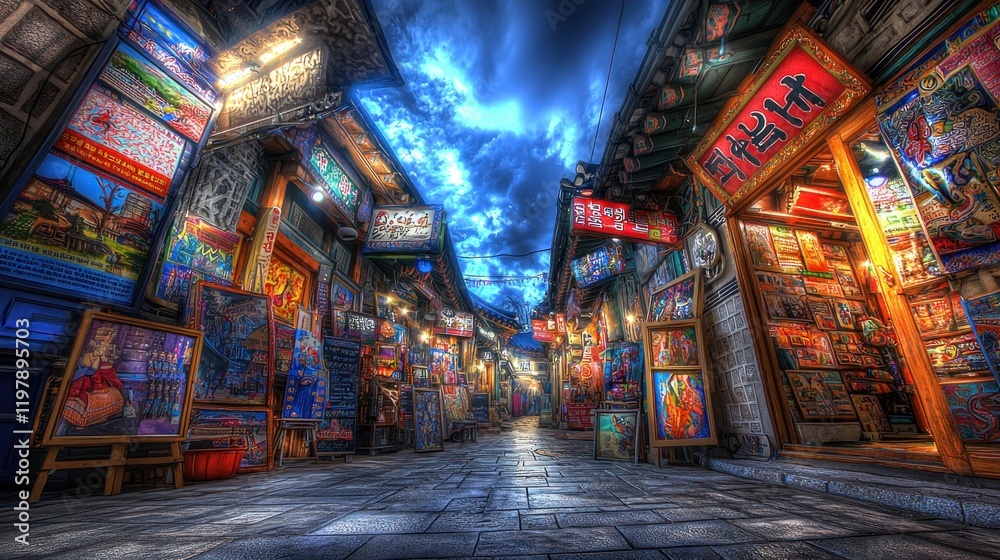 Fototapeta premium Colorful Asian alleyway, vibrant shops, dramatic sky, nighttime scene, travel