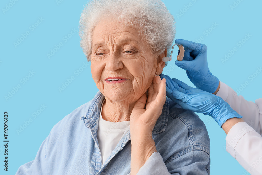 Female doctor putting hearing aid in senior woman's ear on blue background, closeup Female doctor putting hearing aid in senior woman's ear on blue background, closeup