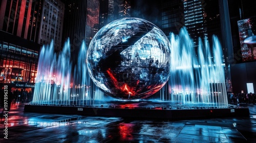 The enchanting illuminated sphere creates a vibrant focal point amidst an urban setting.