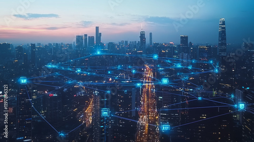 Wallpaper Mural Abstract business man stands on the peak of success amid tall, innovative Smart city and graphs with statistics to analyze business potential and predict future developments in company growth. Torontodigital.ca