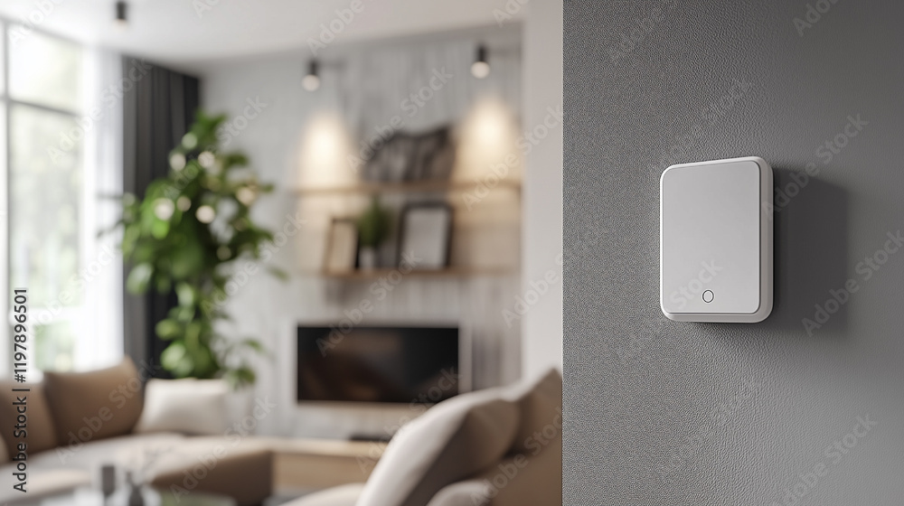 Fototapeta premium Smart home device control panel mounted on the wall in a modern living room.