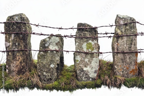 A rustic and weathered fence composed of barbed wire strung between sturdy old stone posts photo