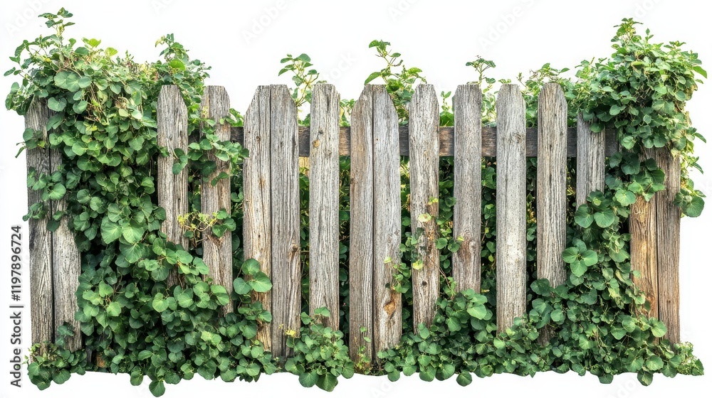 Obraz premium A rustic wooden fence with irregularly spaced planks partially covered by lush green vegetation