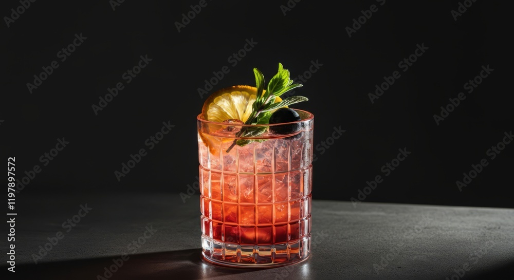 Glass of red drink with a lemon slice and a sprig of mint on top Glass of red drink with a lemon slice and a sprig of mint on top