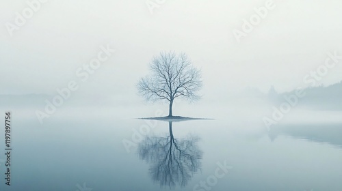 A lone, bare tree stands reflected perfectly in a calm, foggy lake, creating a beautifully symmetrical and tranquil scene that invites silent contemplation. photo